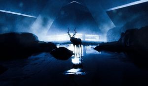 Preview wallpaper deer, silhouette, animal, glow, darkness, dark