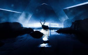 Preview wallpaper deer, silhouette, animal, glow, darkness, dark
