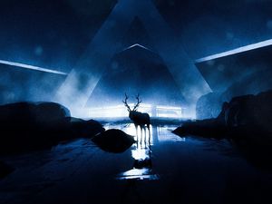 Preview wallpaper deer, silhouette, animal, glow, darkness, dark