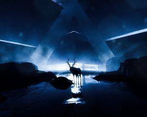 Preview wallpaper deer, silhouette, animal, glow, darkness, dark