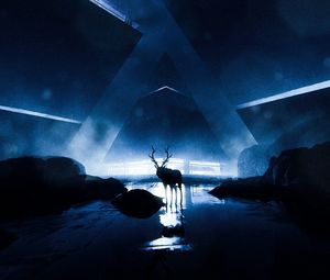 Preview wallpaper deer, silhouette, animal, glow, darkness, dark