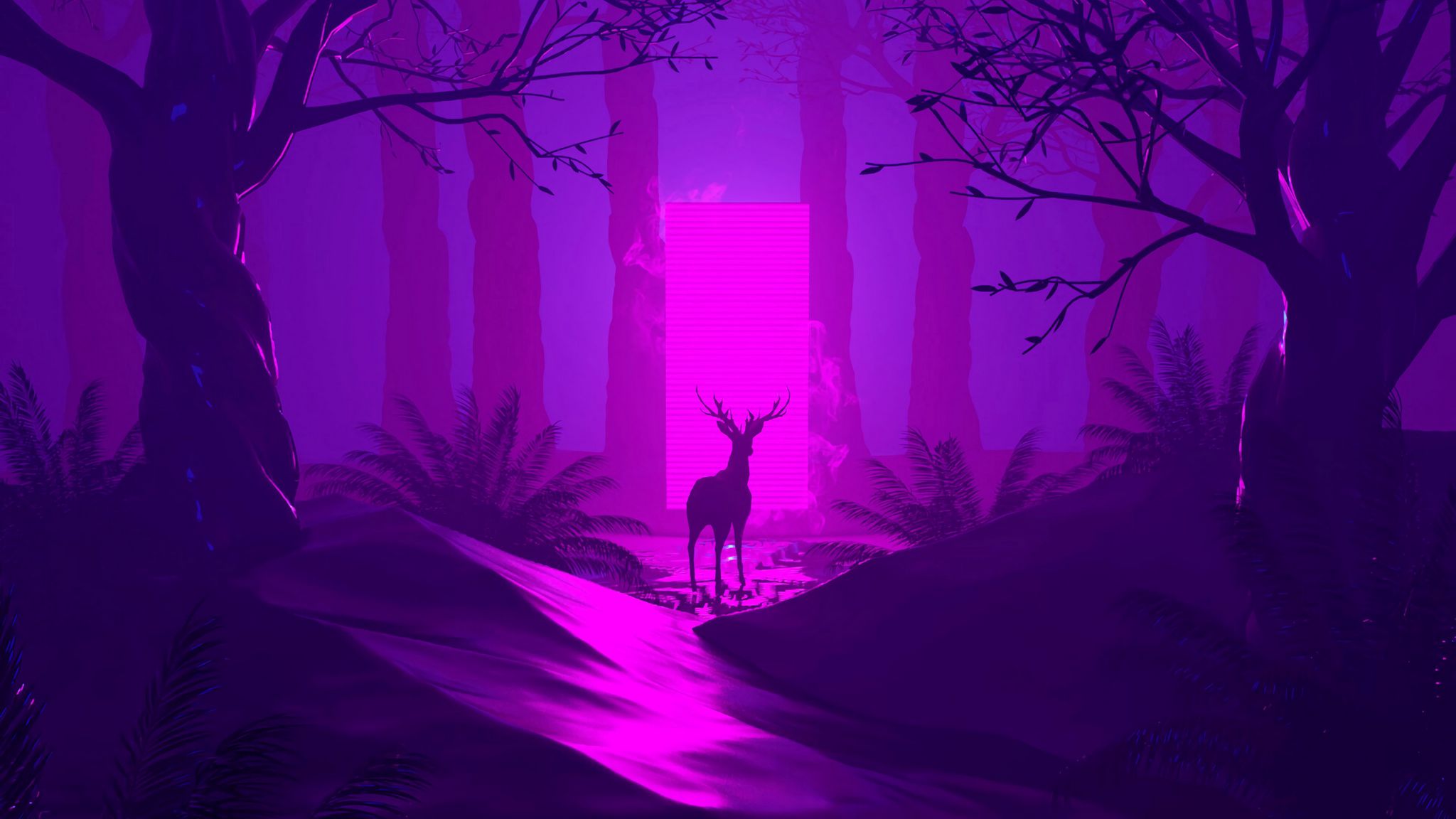 Download wallpaper 2048x1152 deer, silhouette, dark, forest, portal