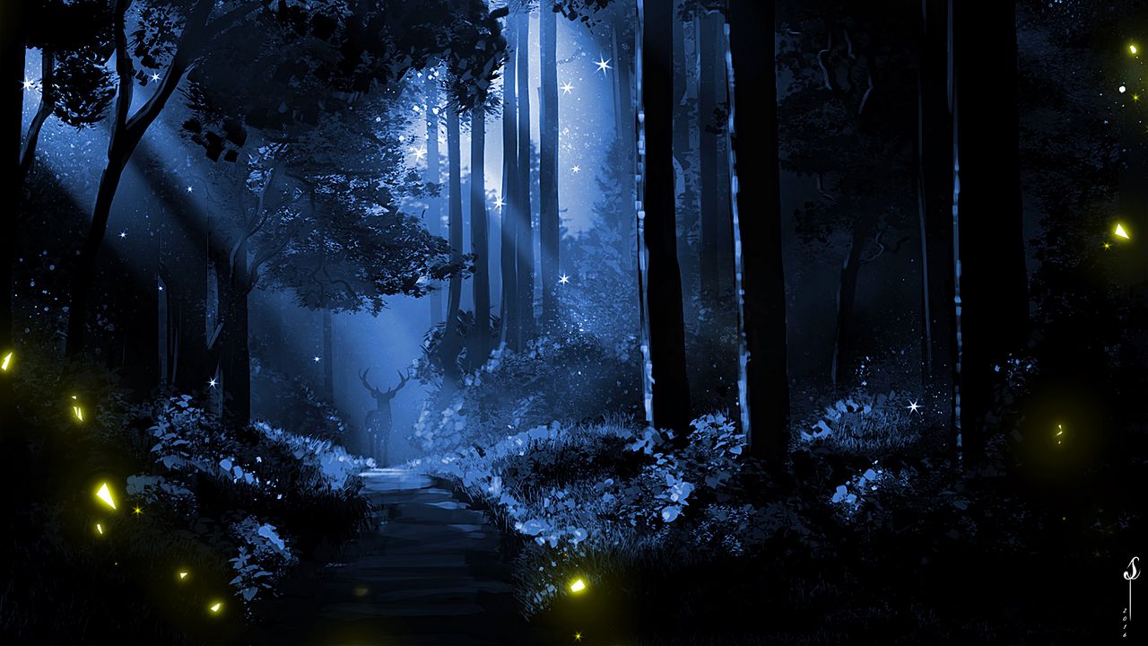 Wallpaper deer, silhouette, forest, art, night