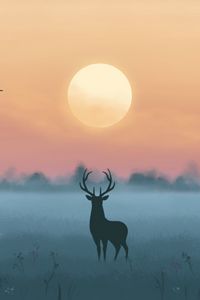 Preview wallpaper deer, silhouette, moon, night, art