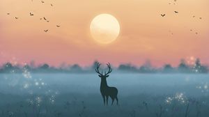 Preview wallpaper deer, silhouette, moon, night, art