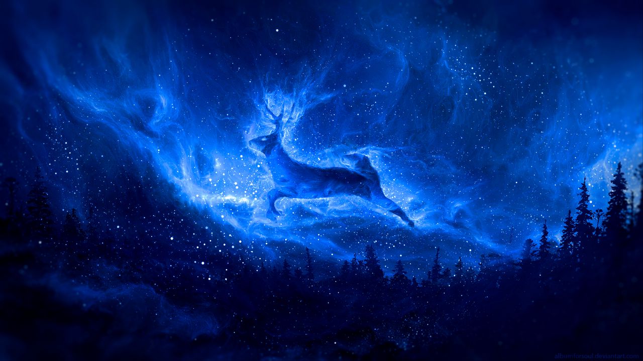 Wallpaper deer, silhouette, starry sky, art, fantasy