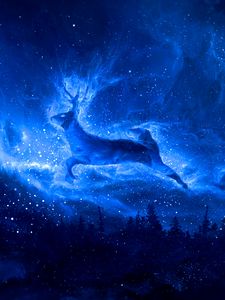 Preview wallpaper deer, silhouette, starry sky, art, fantasy