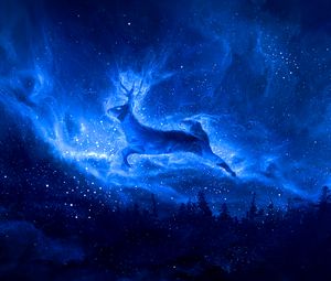 Preview wallpaper deer, silhouette, starry sky, art, fantasy