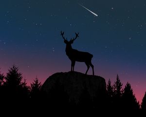 Preview wallpaper deer, silhouette, twilight, moon, hill
