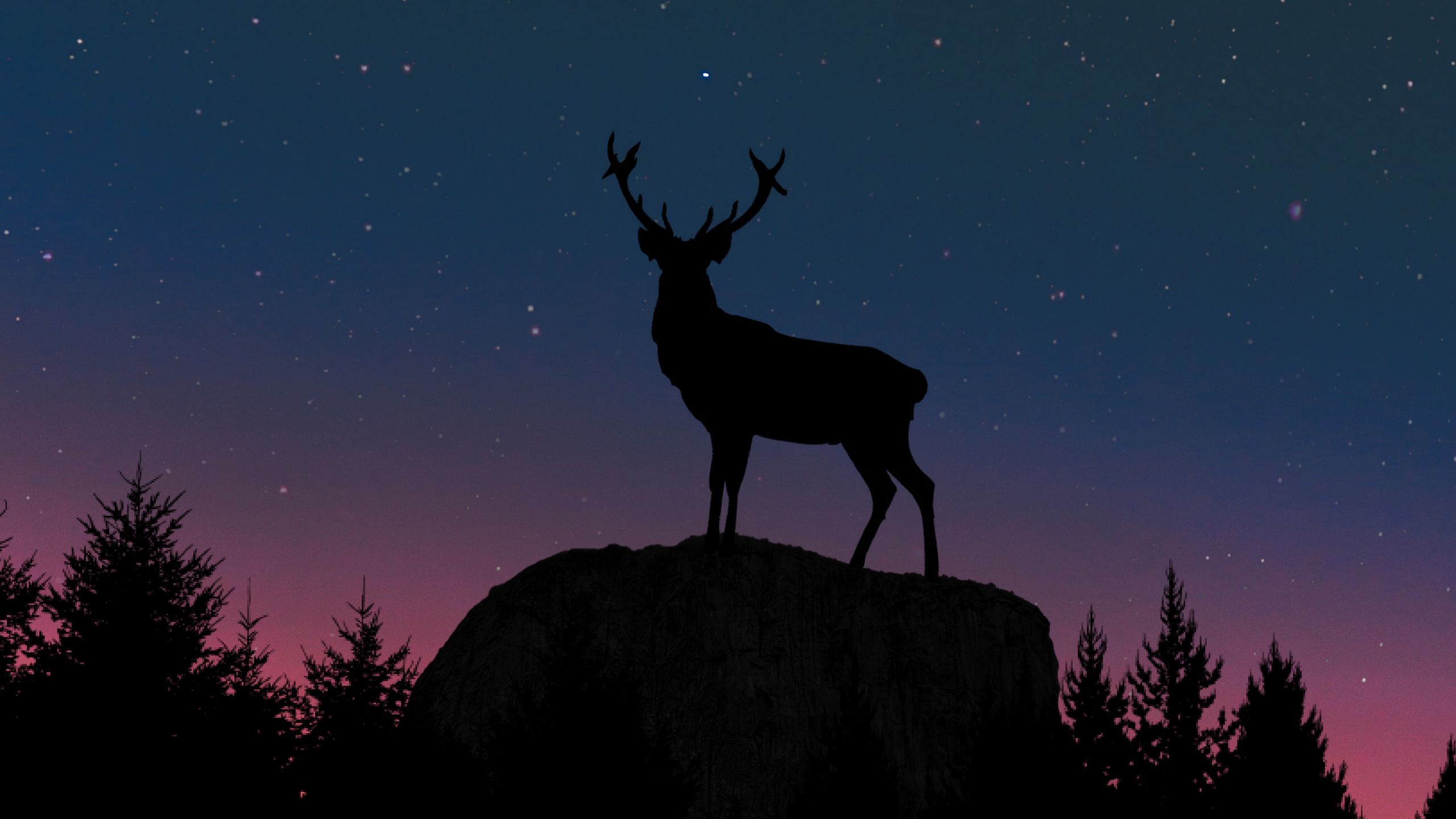 Download wallpaper 2560x1440 deer, silhouette, twilight, moon, hill