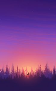 Preview wallpaper deer, spruce, sun, purple, vector, art