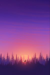 Preview wallpaper deer, spruce, sun, purple, vector, art