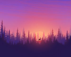 Preview wallpaper deer, spruce, sun, purple, vector, art