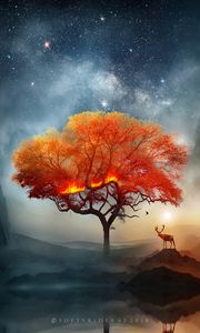 Preview wallpaper deer, tree, art, fire, fantastic