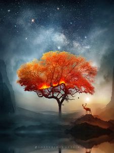 Preview wallpaper deer, tree, art, fire, fantastic