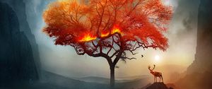 Preview wallpaper deer, tree, art, fire, fantastic