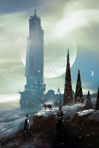 Preview wallpaper deer, trees, building, snow, sci-fi, art