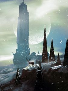 Preview wallpaper deer, trees, building, snow, sci-fi, art