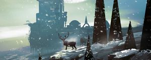 Preview wallpaper deer, trees, building, snow, sci-fi, art