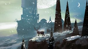 Preview wallpaper deer, trees, building, snow, sci-fi, art