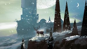 Preview wallpaper deer, trees, building, snow, sci-fi, art