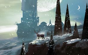 Preview wallpaper deer, trees, building, snow, sci-fi, art