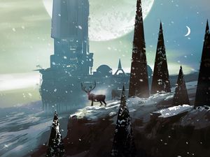 Preview wallpaper deer, trees, building, snow, sci-fi, art