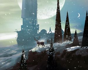 Preview wallpaper deer, trees, building, snow, sci-fi, art