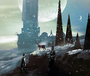 Preview wallpaper deer, trees, building, snow, sci-fi, art