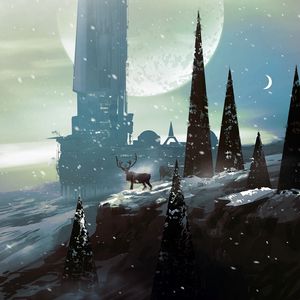 Preview wallpaper deer, trees, building, snow, sci-fi, art