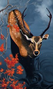 Preview wallpaper deer, water, branches, art, wildlife