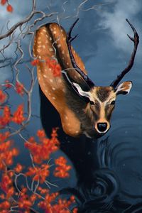 Preview wallpaper deer, water, branches, art, wildlife