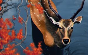 Preview wallpaper deer, water, branches, art, wildlife