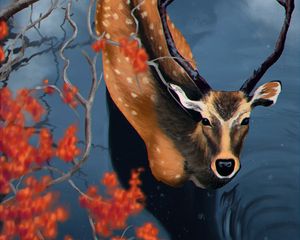 Preview wallpaper deer, water, branches, art, wildlife