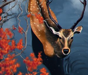 Preview wallpaper deer, water, branches, art, wildlife