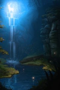 Preview wallpaper deer, waterfall, glow, art