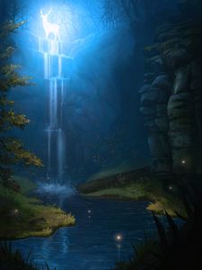 Preview wallpaper deer, waterfall, glow, art