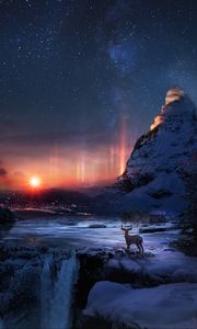 Preview wallpaper deer, winter, night, art, snow