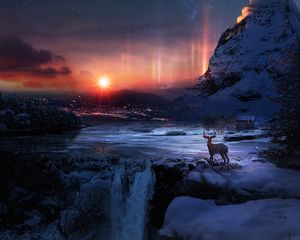 Preview wallpaper deer, winter, night, art, snow