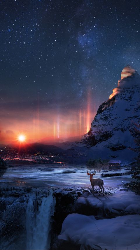 480x854 Wallpaper deer, winter, night, art, snow