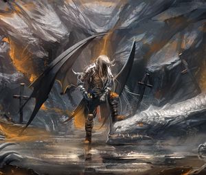 Preview wallpaper demon, dragon, cave, swords