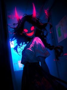 Preview wallpaper demon, eyes, horns, anime, art