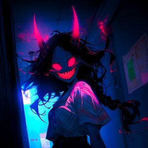 Preview wallpaper demon, eyes, horns, anime, art