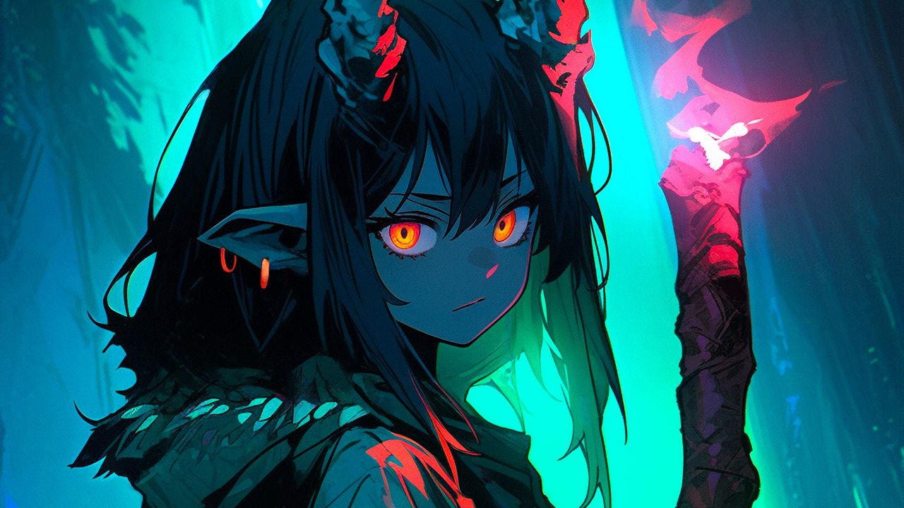 Wallpaper demon, girl, horns, torch, anime
