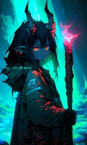 Preview wallpaper demon, girl, horns, torch, anime