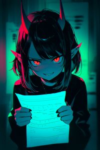 Preview wallpaper demon, girl, horns, ears, leaf, anime