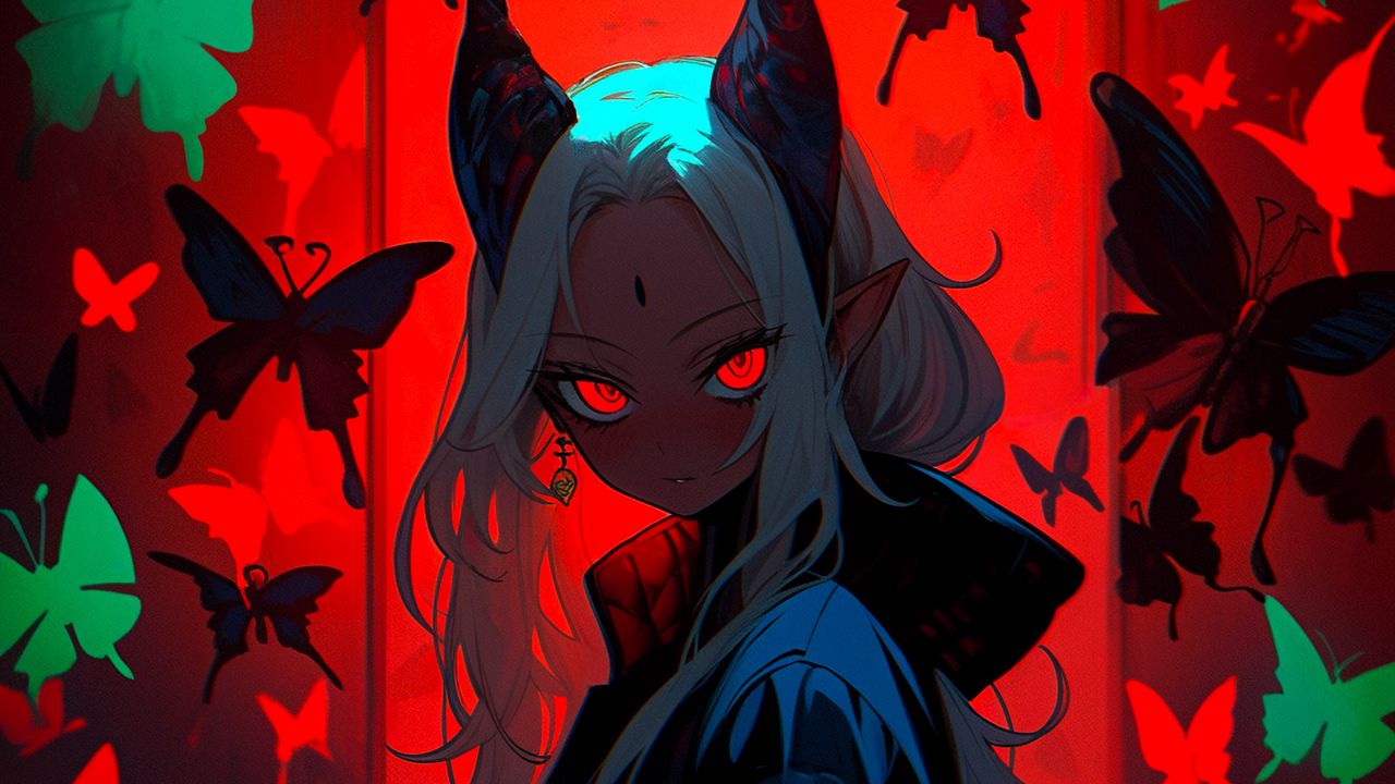 Wallpaper demon, girl, horns, butterflies, anime, art