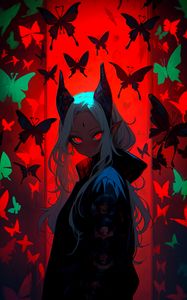 Preview wallpaper demon, girl, horns, butterflies, anime, art