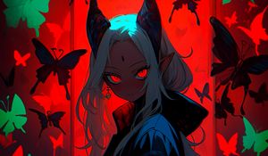 Preview wallpaper demon, girl, horns, butterflies, anime, art