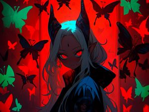Preview wallpaper demon, girl, horns, butterflies, anime, art